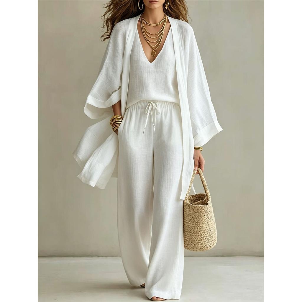 Kadın 3 Parça Keten Kıyafet Kimono Kollu Açık Ön Hırka V Yaka Üst İpli Geniş Bacak Pantolon Boho Plaj Kombin Seti