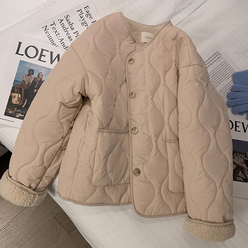 Women's Pink Lambswool Cotton Winter Coat 2022 - Korean Style Thickened Round Neck Jacket