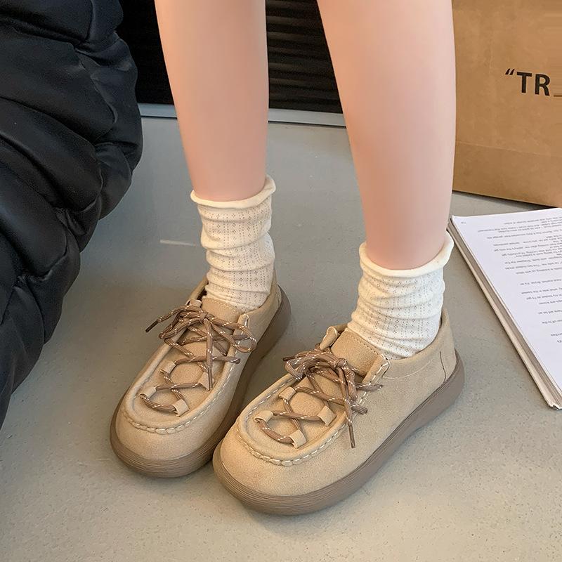 2025 spring and autumn new casual flat women's shoes imitation leather round head lace-up versatile women's single shoes loafer shoes tide