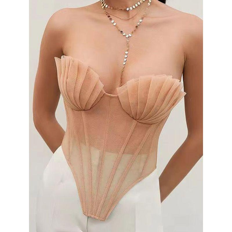 Transition Sexy Shell Pleated Zou Three-Dimensional Fishbone Back Strap Mesh Gentle Beauty Back Vest Flesh Color Inner Wear Blouse