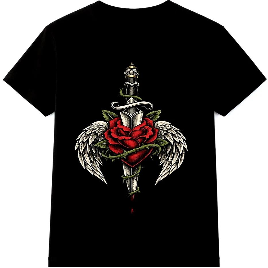 Dagger Rose T Shirt Angel Wings Gothic Tattoo Style Streetwear Graphic Tee M