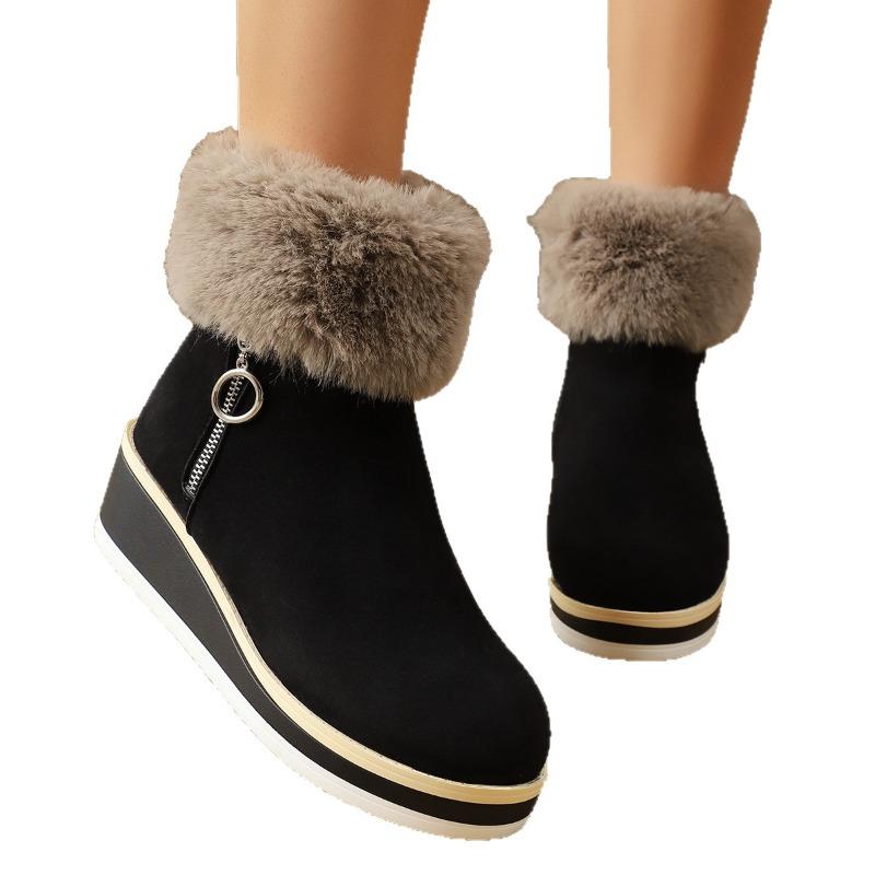 Women's Wide Width Snow Boots, Wedge Heel Plush Lined Winter Shoes, Furry Collar Warm Ankle Booties Fashion