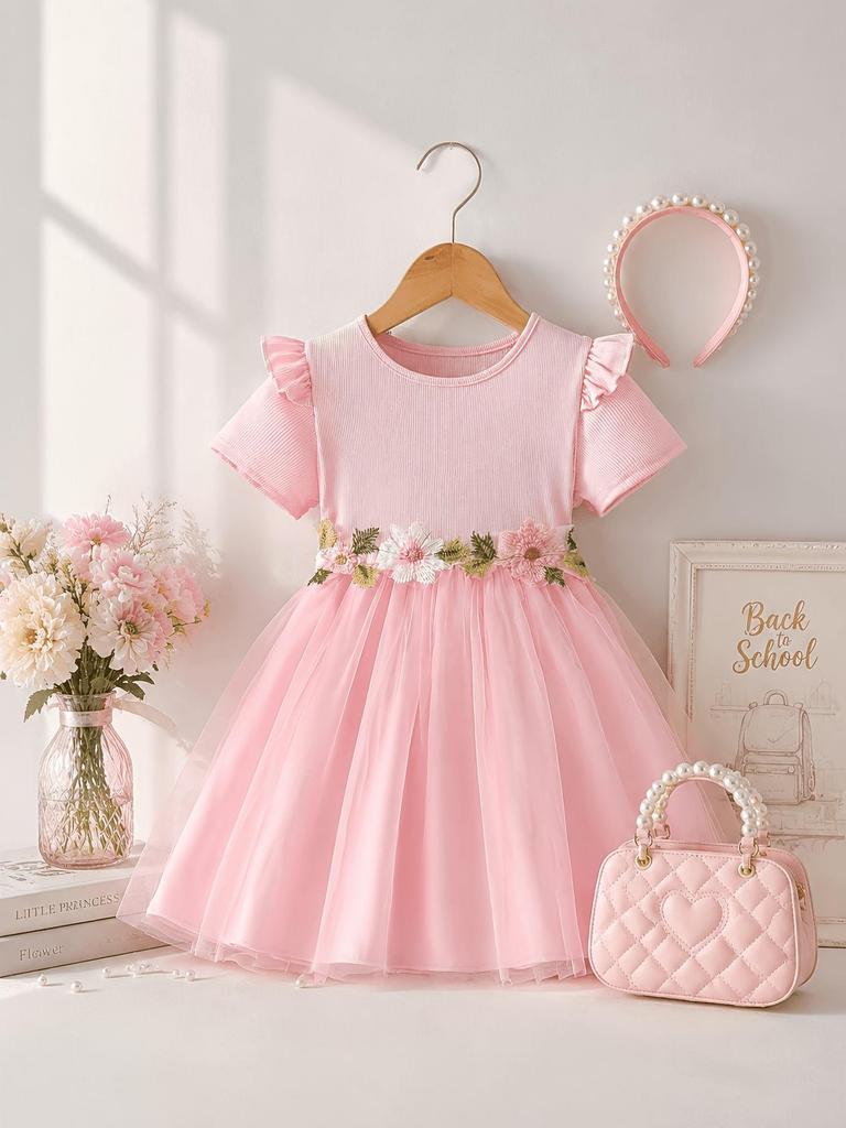 Girls Short Sleeve Pink 3D Flower Tulle Dress Kids Spring Summer Princess Dress