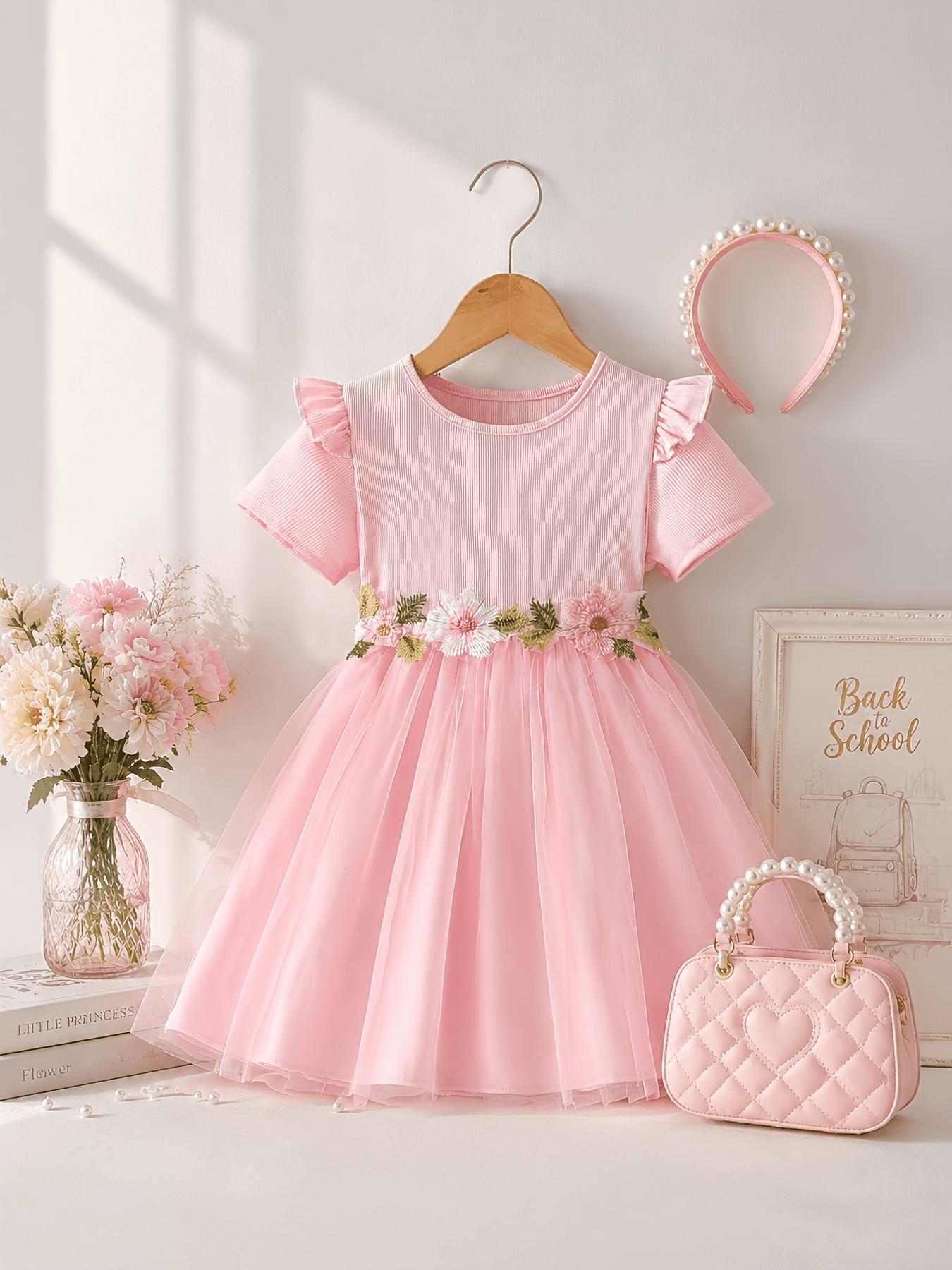 Girls Short Sleeve Pink 3D Flower Tulle Dress Kids Spring Summer Princess Dress 1-2Y