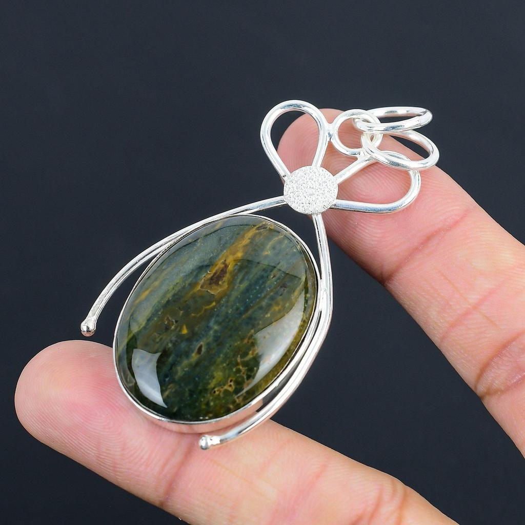 Oval Ocean Jasper Gemstone Wife Wedding Handcrafted Pendant Jewelry 925 Silver