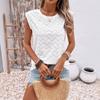 Ladies Summer Cap Sleeve O Neck Hollow Wave Striped Solid Color Pullover T Shirt Top