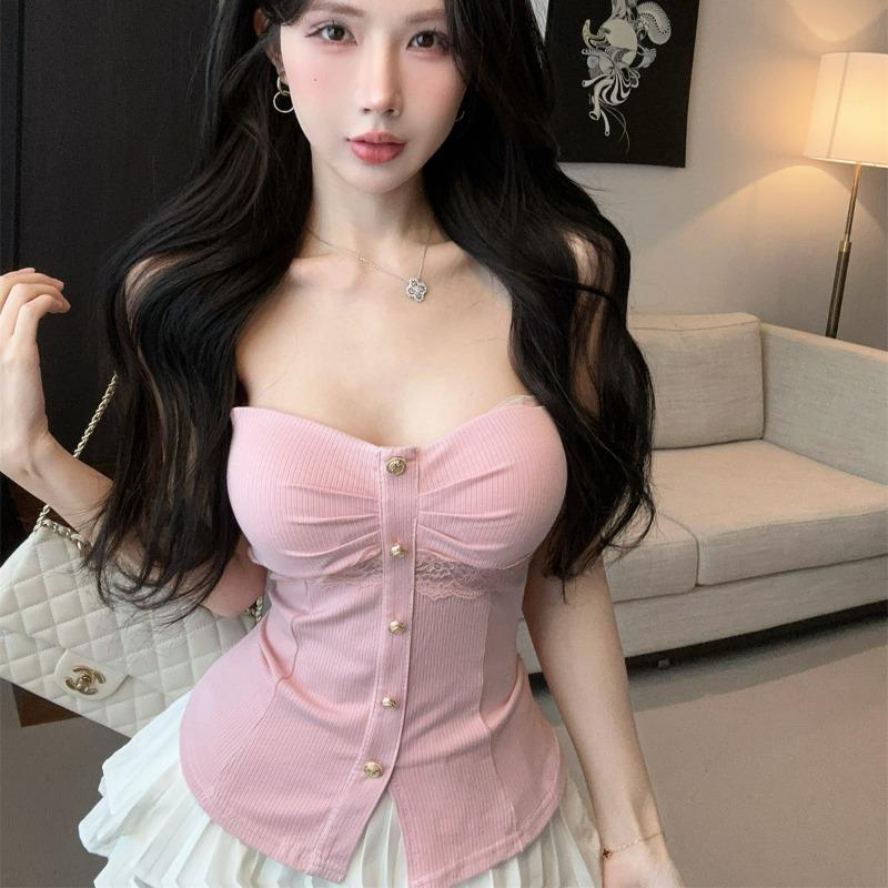 Korean Style Strapless Lace Patchwork Slimming Split Top - Women's Summer New Arrival