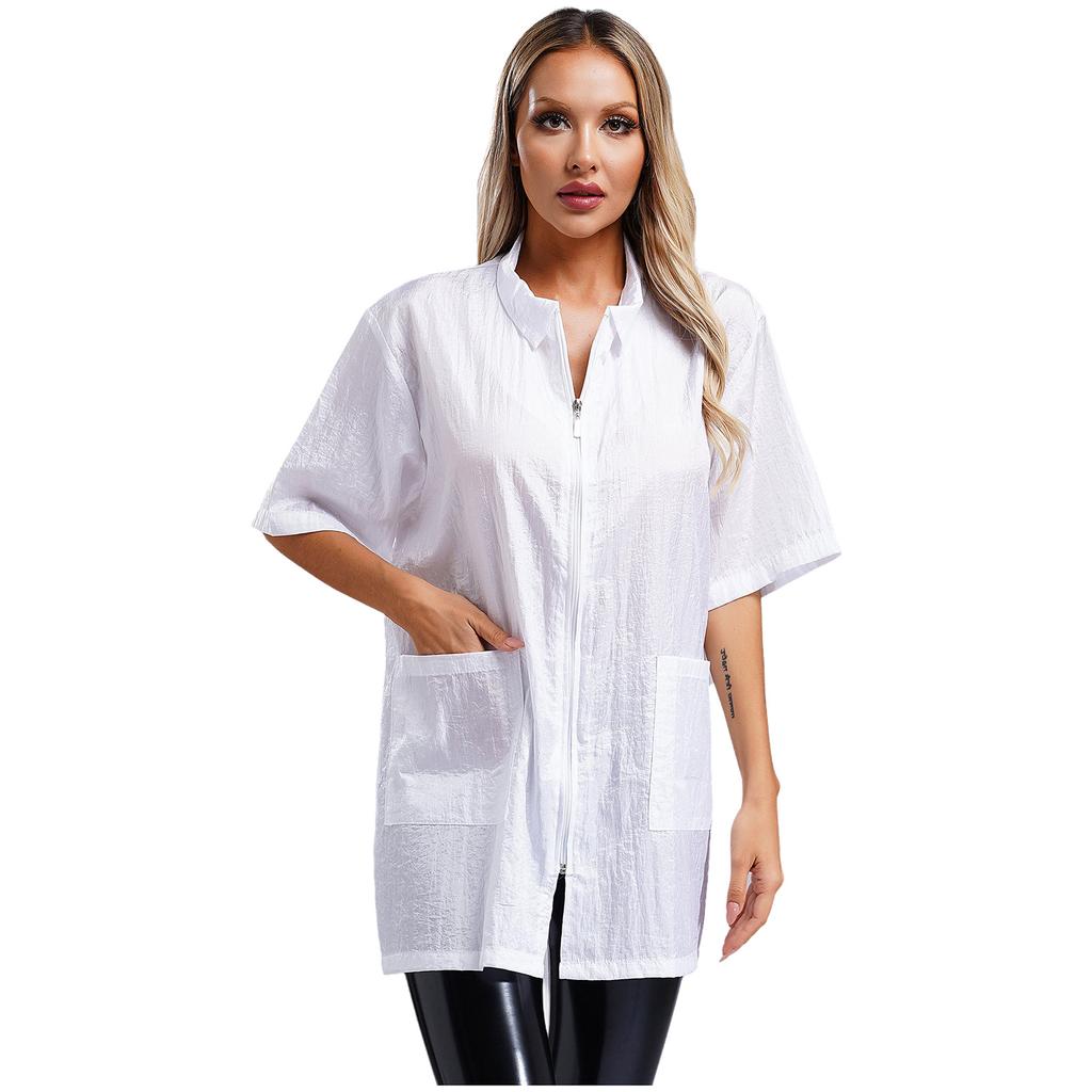Unisex Herren Damen Wasserdichtes Friseurhemd Kurzarm Atmungsaktive Pflege-Schürze mit Taschen