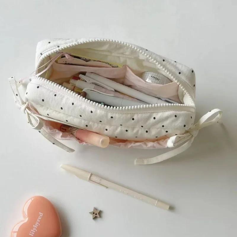 Cute Polka Dot and Strawberry Milk Pencil Case - White with Pink Accessories Heart-shaped Bow Design, Zipper Compartment