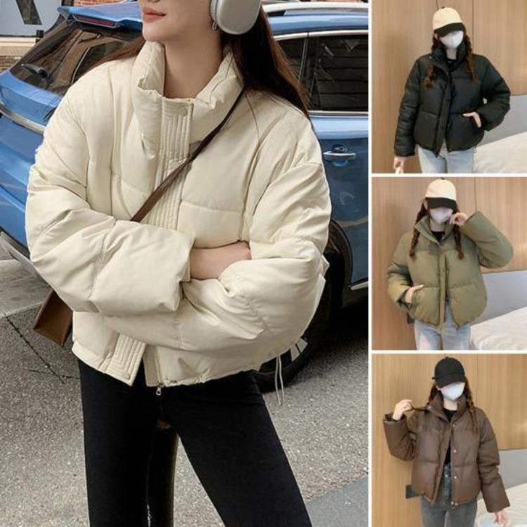 Winter Warm Women Cotton Coat Stand Collar Thickened Lightweight Long Sleeve Solid Color Outwear with Pockets