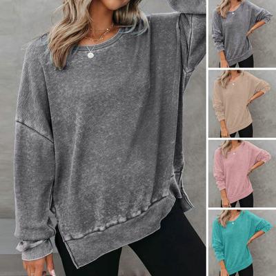 Knit Crewneck Sweatshirt Long Sleeve Side Slits Casual Pullover Sweatshirt Tops