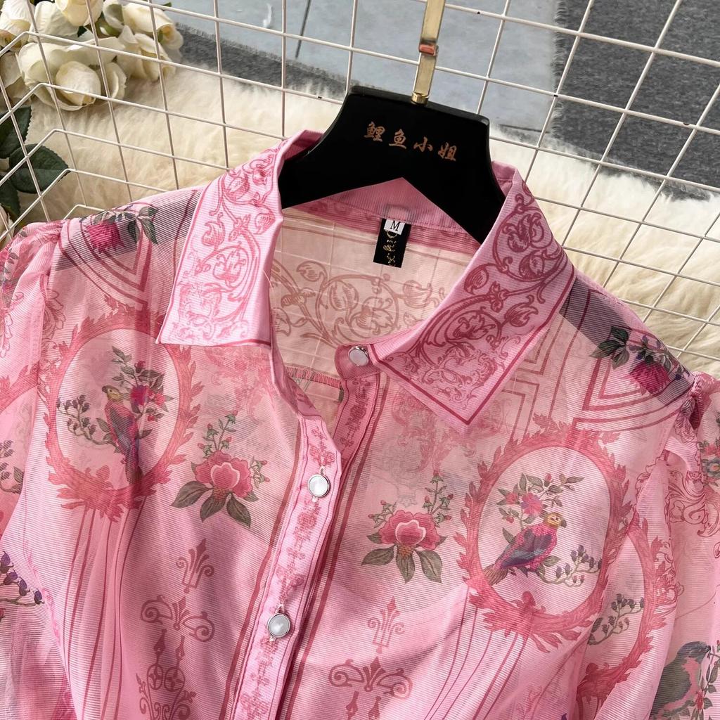 Jaro Léto Dovolená Květinový potisk Organza Plážové šaty Dámské Lampionové Rukávy Jednoduché Šněrování A Line Dlouhý Maxi Župan