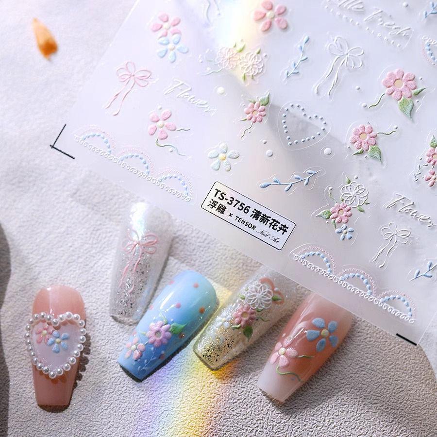 Colorful Embossed Flower & Bow Nail Stickers