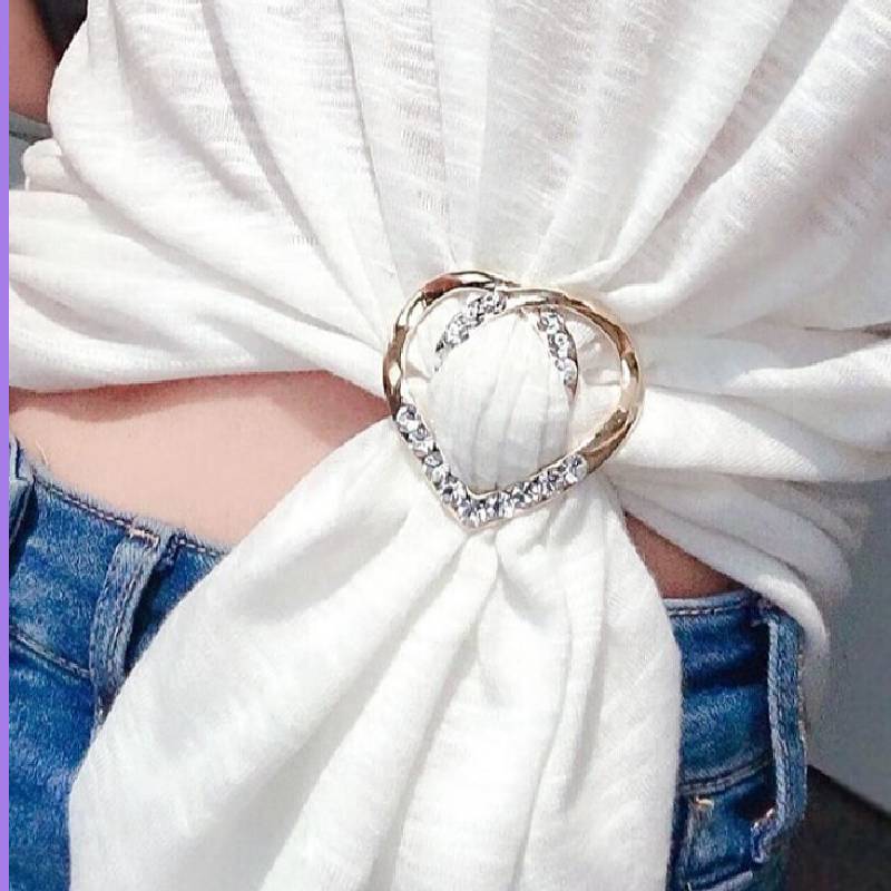 Zircon Buckle Scarf Womens Clothing Accessories Golden Heart Shaped Shiny Style