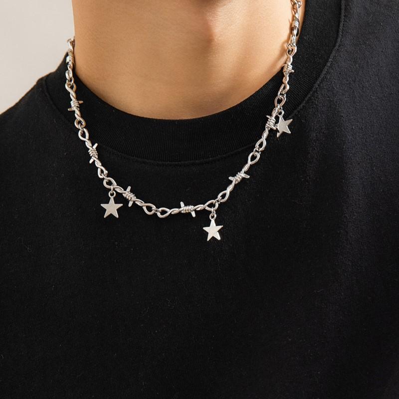 Colar Pentagrama Espinhoso Cor Prata para Mulheres Homens Street Hiphop Pingentes Estrela Corrente Clavícula Joias Presentes