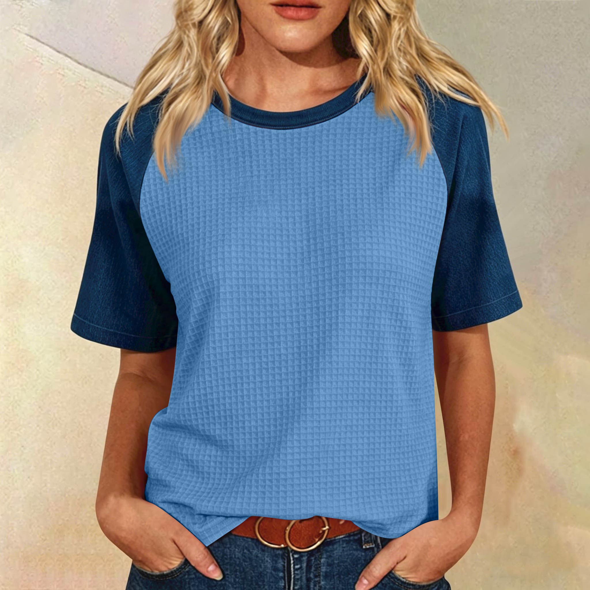 

Women’s Casual Vintage Lightweight Plus Size Waffle Knit Raglan Crewneck Top Loose Fit Short Sleeve Pullover Shirt S синий