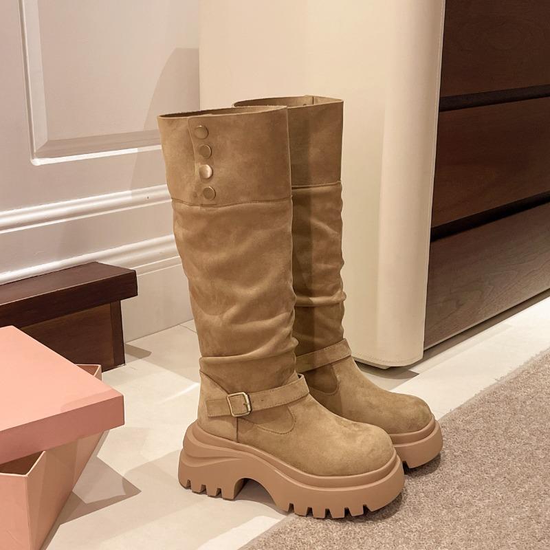 

Platform Thick Heel Women Knight High Boots Height Increase Belt Buckle Shoes Autumn Winter Ladies Punk Vintage Long Booties 35