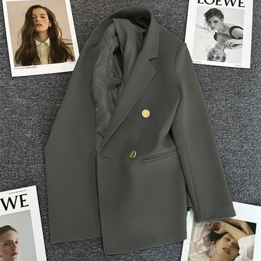 Women's Notched Collar Long Sleeve Blazer Loose Fit Casual Office Jacket Solid Color Single Breasted Pocket Outerwear