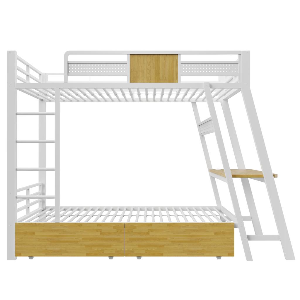 Metal Bunk Bed 90×200cm, Integrated Gaming Desk with Sockets, USB and Type-C Ports, with LED Light Strip, Two Storage Baskets, Youth Play Bed, White