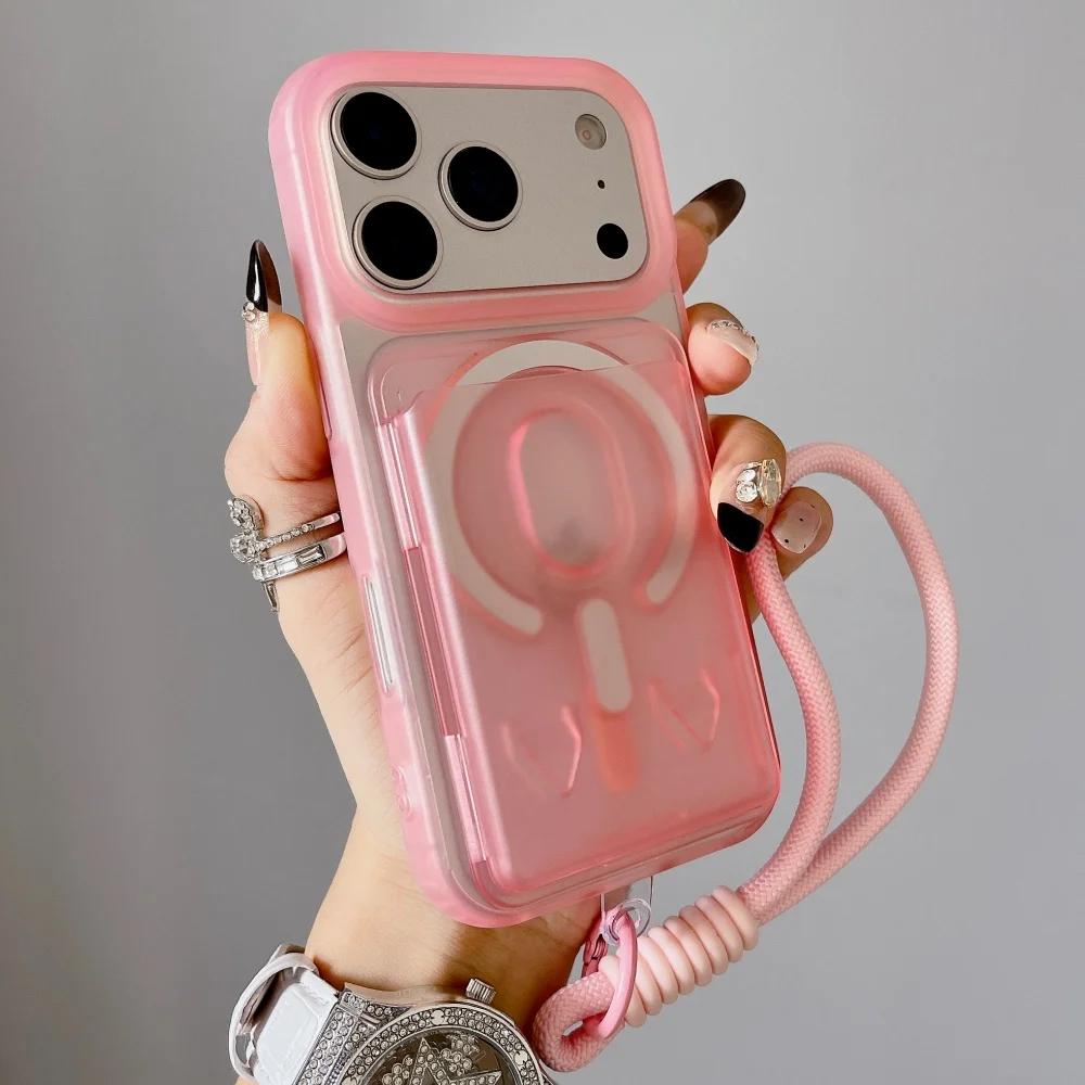 

Slot Card Wallet For Magsafe Candy Wrist Strap Case For iPhone 17 16 15 14 13 12 11 Pro Max Plus Shockproof Clear Magnetic Cover iPhone 11