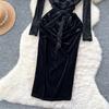 Vintage V-neck Elegant Long Sleeves Chic Flocking Print Spliced Velvet Slim Bandage Dresses Evening High Street Winter Clothing