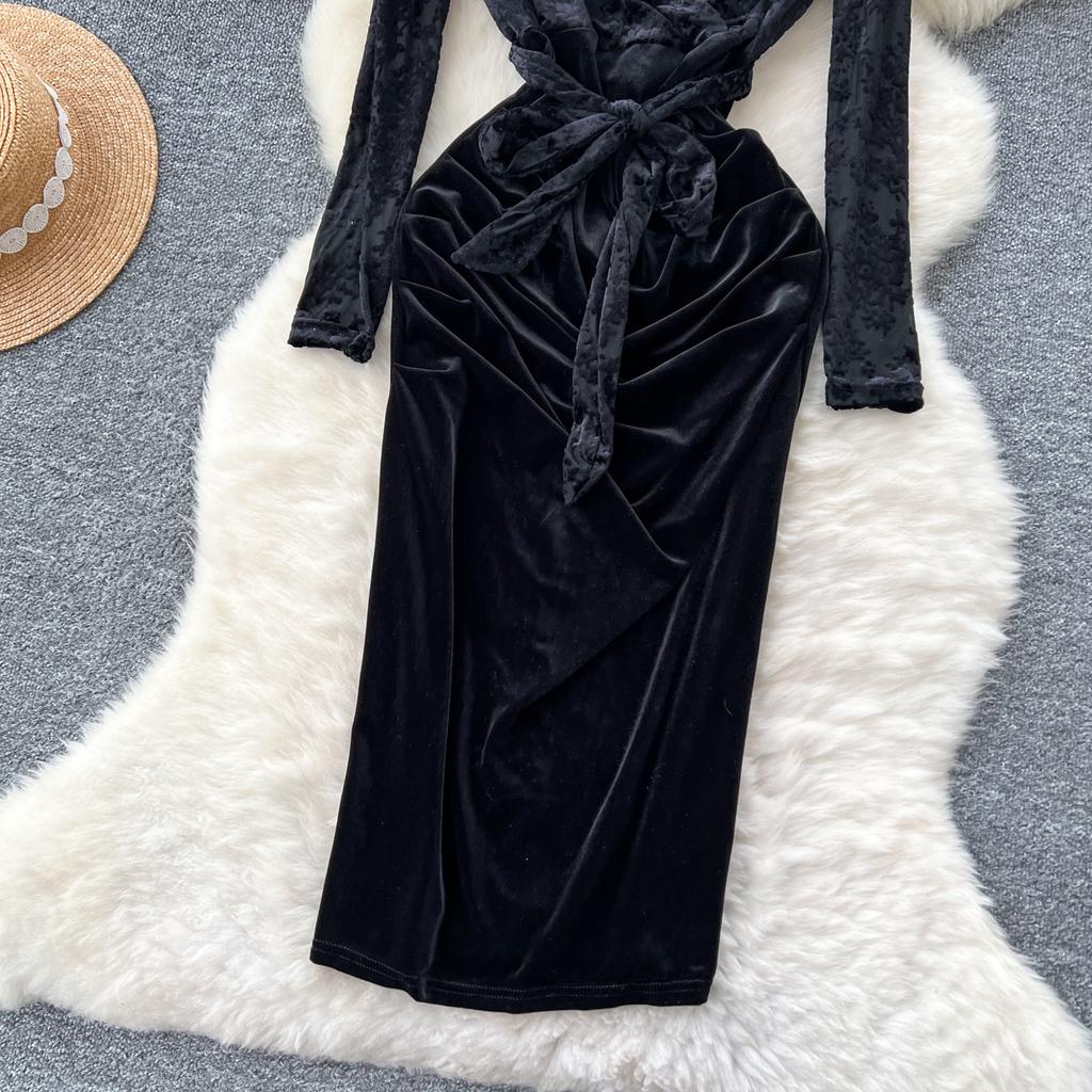 Vintage V-neck Elegant Long Sleeves Chic Flocking Print Spliced Velvet Slim Bandage Dresses Evening High Street Winter Clothing
