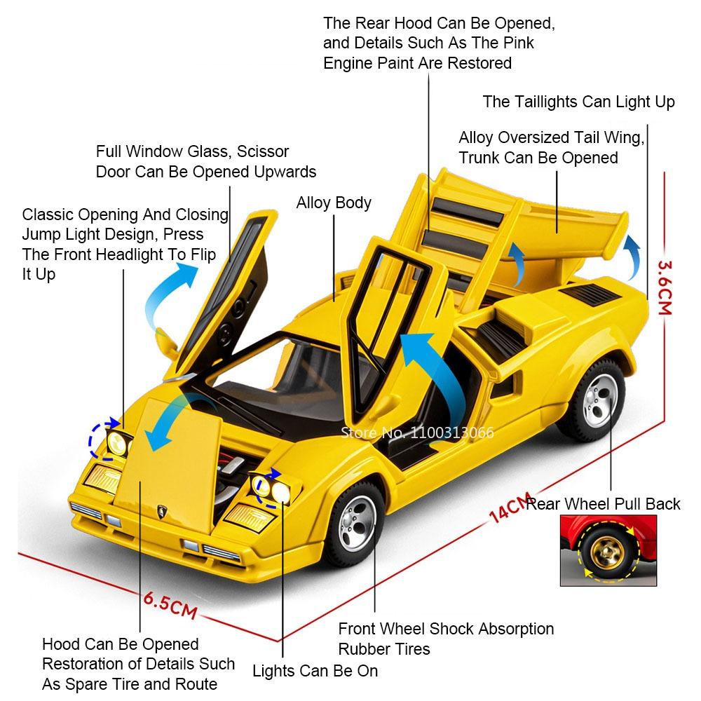1:32 Alloy Lambor Countach LP500S Viper Cars Models Toy Rubber Tires Miniature Sports Car Wheel Pull Back Vehicle Model Ornament