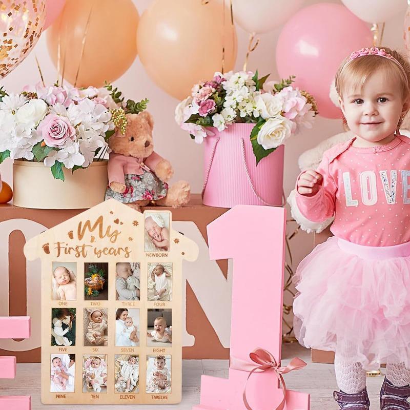Trä Fotoram för Babys Första År 12 Månaders Milstolpe Tavla Fotodisplay Baby Minnesram 1-årsfödelsedagspresent till Pojke Flicka
