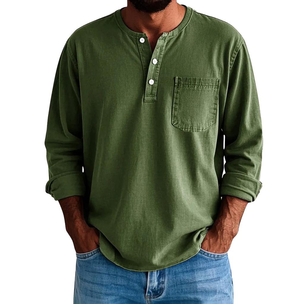 Men's Solid Color Distressed Button Collar Long Sleeve Tops Men's Casual Fashion Tops