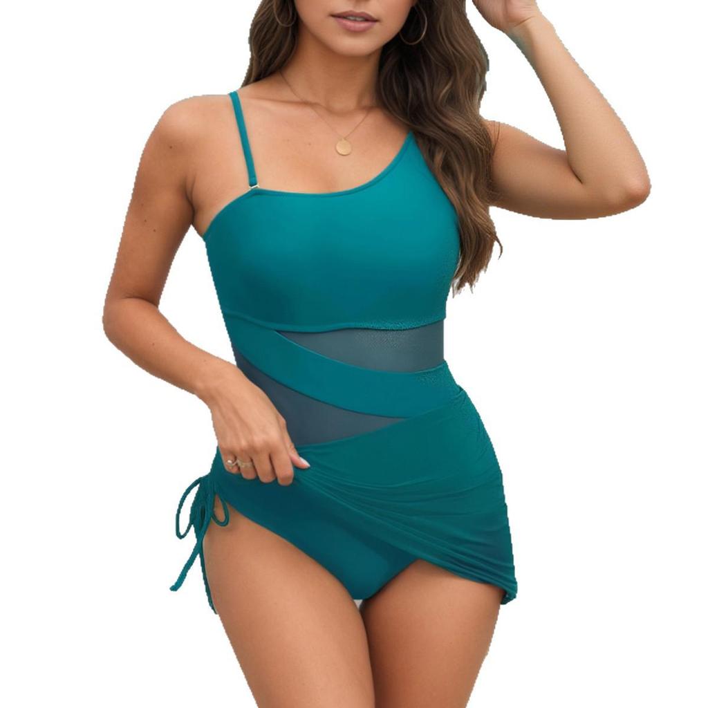 2025 Europäisch-Amerikanisches Mesh Tüll Patchwork Bikini Kleid: Damen Sexy Einteiliger Strand-Badeanzug.