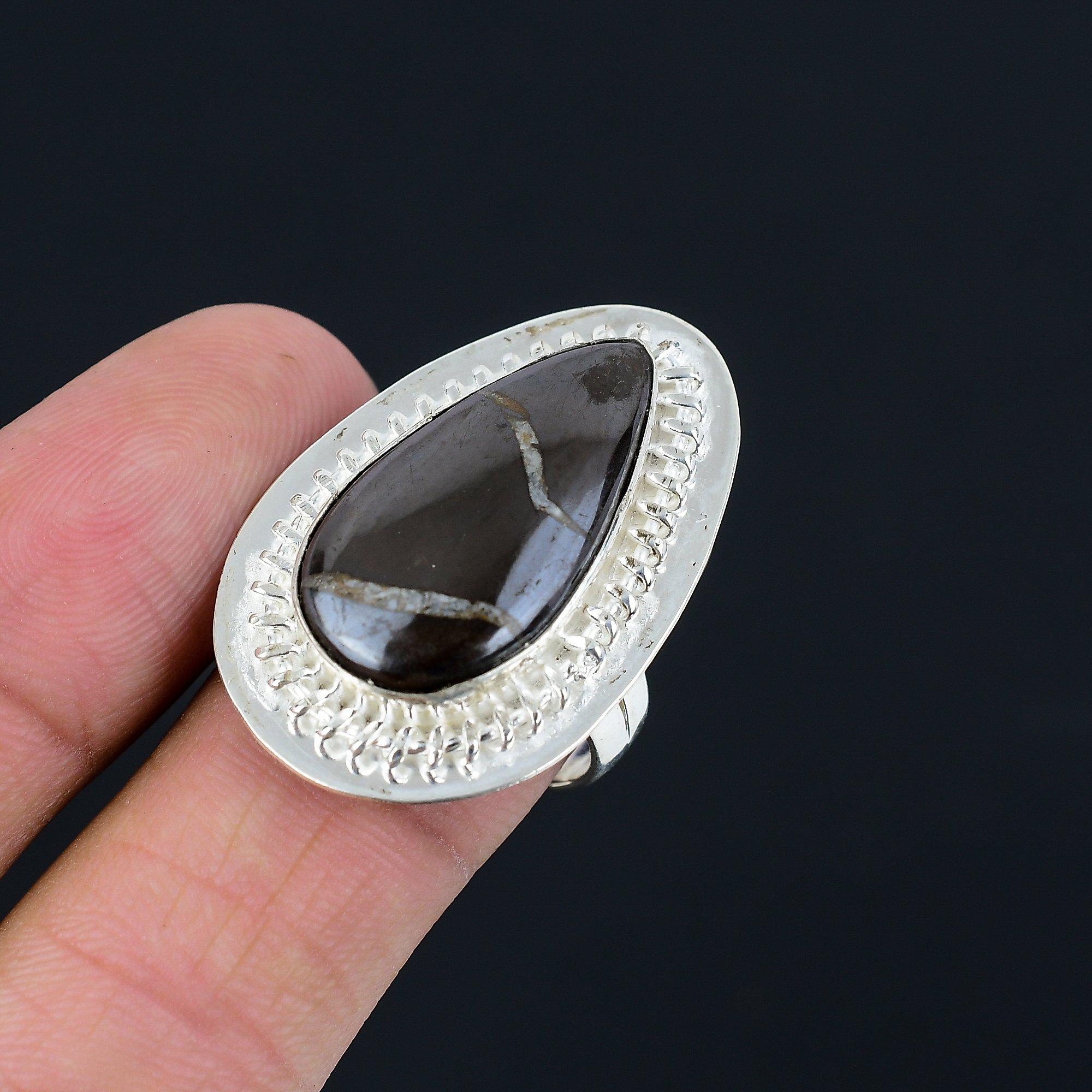 Sterling Silver Moroccan Mud Crack Fossil Stone Statement Art Deco Ring US 8.5 8.5