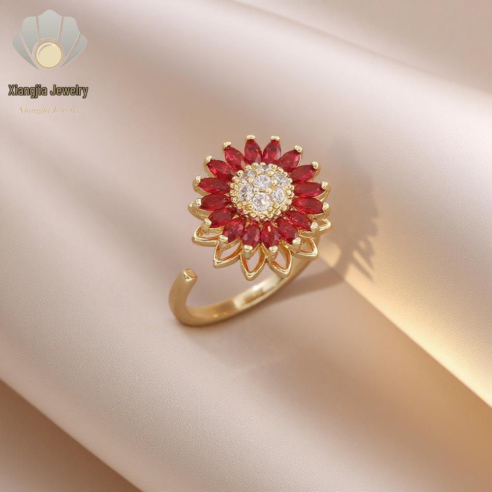 Элегантный набор: Ожерелье, Браслет, Серьги-гвоздики и Кольцо с цирконами в виде подсолнуха