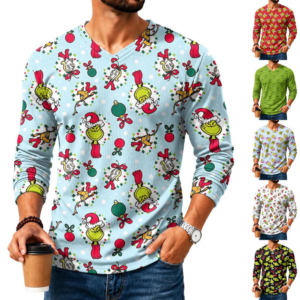 Men's Casual Loose Fit V-Neck Shirt with Christmas Print for Holiday Occasions