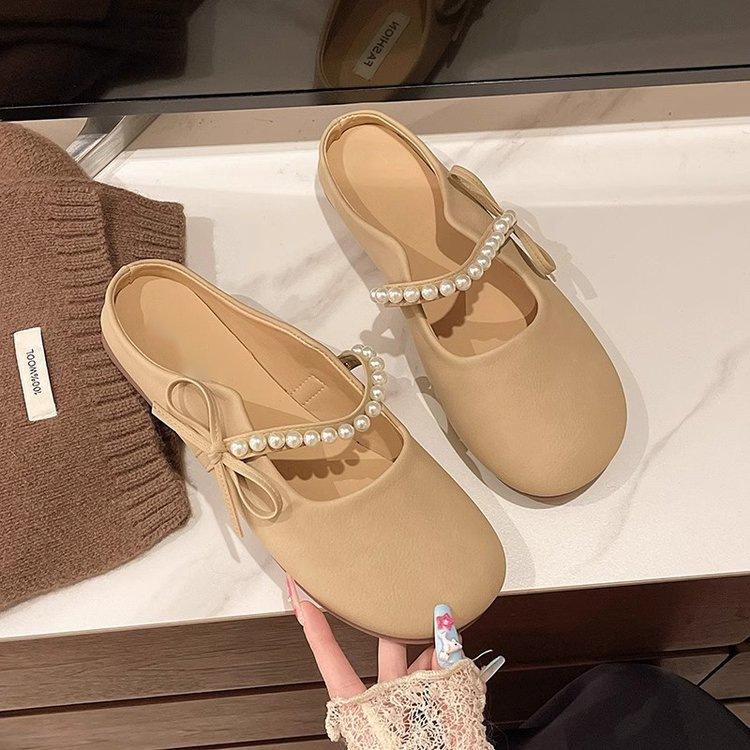 Baotou half slippers women's summer wear casual and versatile 2025 new pearl one-pedal flat sandals lazy shoes