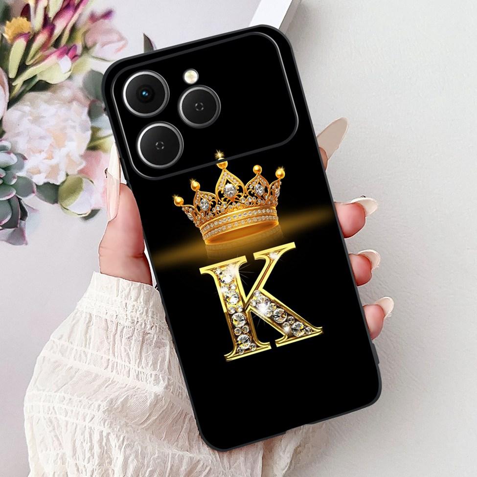 For Tecno Spark 40 Case Black Silicone Luxury A-Z Letters Fashion Flowers Crown Shockproof Cover For Techno Spark 40 Phone Case