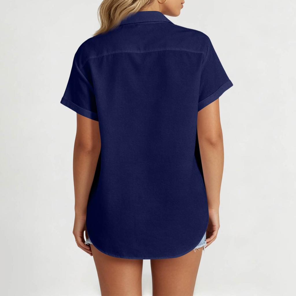 Women's Summer Short Sleeve Blouse with Collar - Color Button Up Relaxed Fit