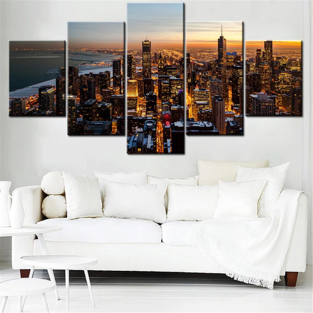 5 Pieces Canvas Wall Arts City Poster Painting World Chicago Downtown Wallpaper Home Decor Picture Printing Inteiror Artwork