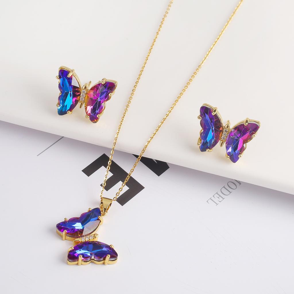 2PC Crystal Transparent Butterfly Pendant Necklace Earrings Jewelry Set Women's Luxury Gold Plated High Quality Gift