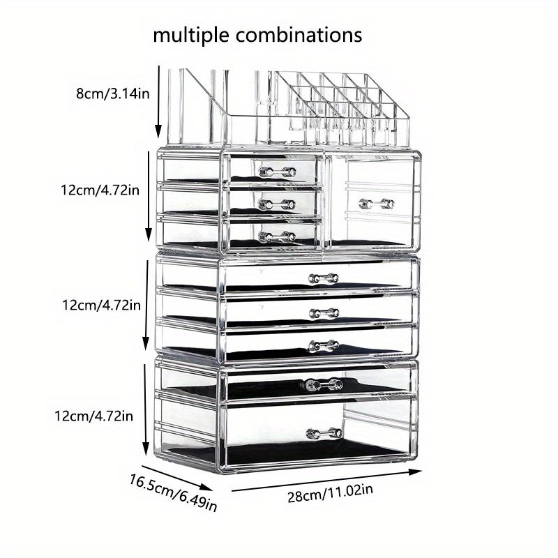 4pcs-1set Cosmetics Plastic Storage Box with Multiple Grids&9 drawers,Stackable Large Capacity Transparent Cosmetics Skincare Display Box.