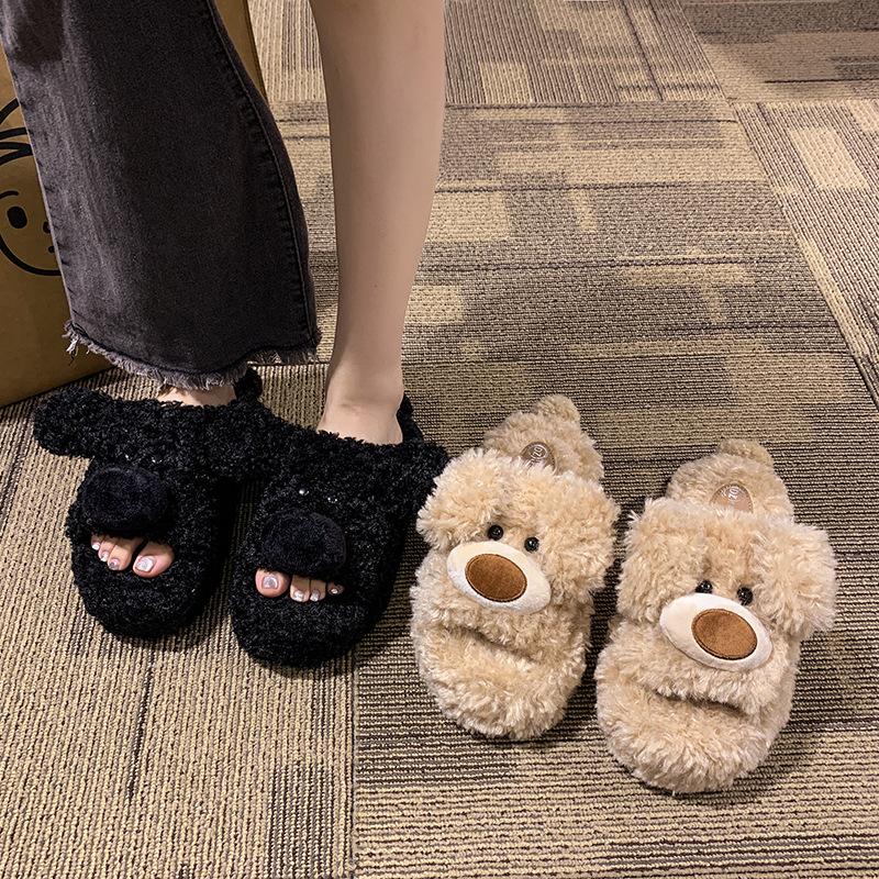 2025 autumn and winter new cartoon thick-soled fluffy slippers women wear open-toed plush home cotton slippers