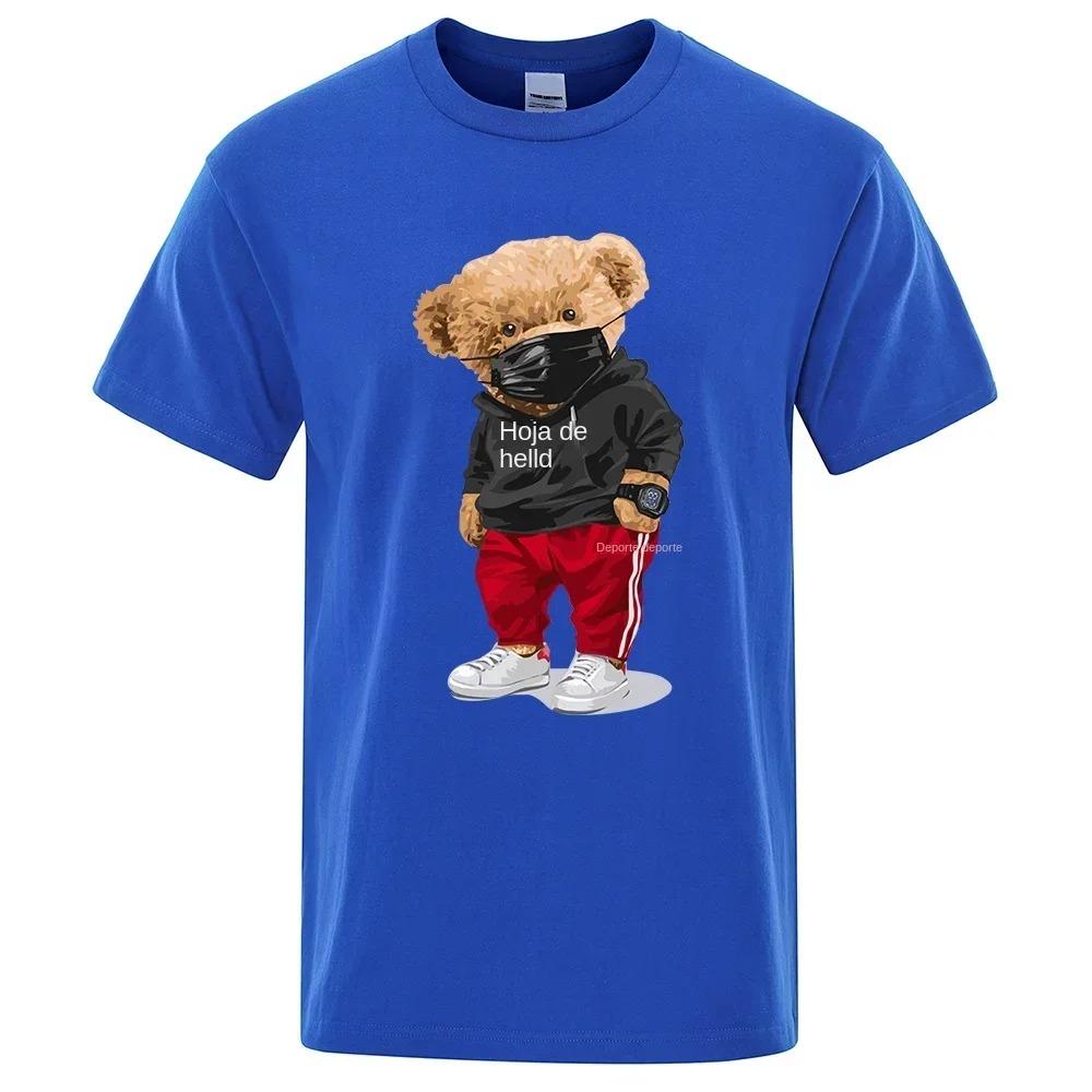 100% Cotton Sports Mask Bear Print Short-sleeved T-shirt Male Half-sleeved Summer Casual Oversized T-shirt Men  Harajuku