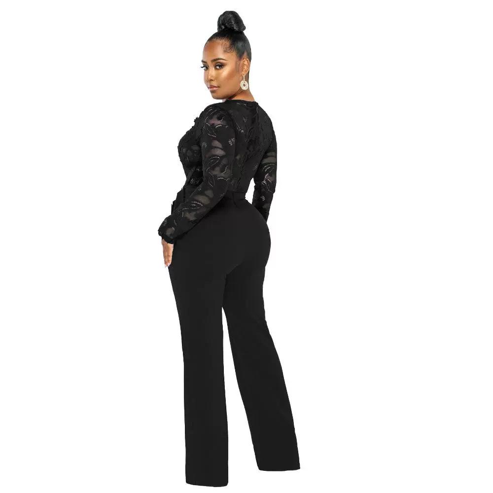 Elegant V-Neck Lace Slim Fit See-Through Jumpsuit