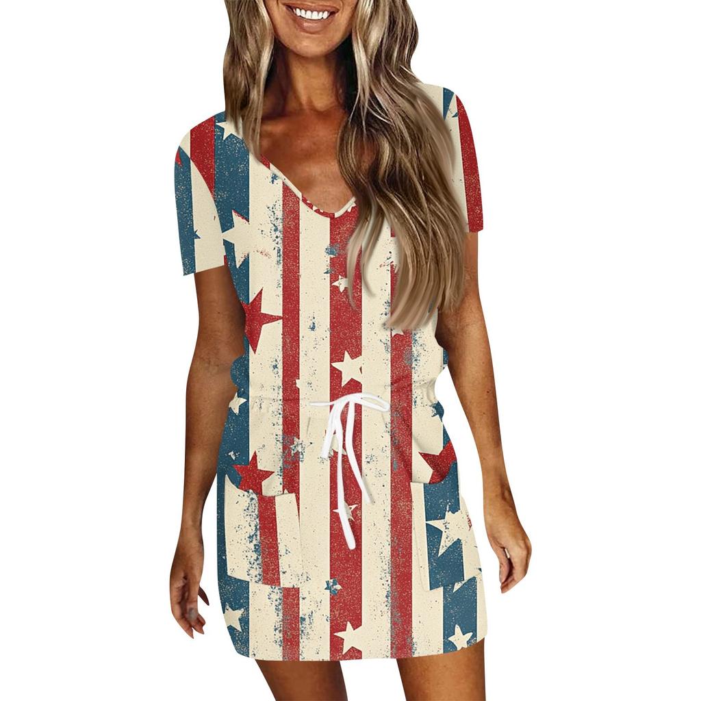 Women's Summer Casual Fashion Independence Day Printed Drawstring V Neck Short Sleeve Dress
