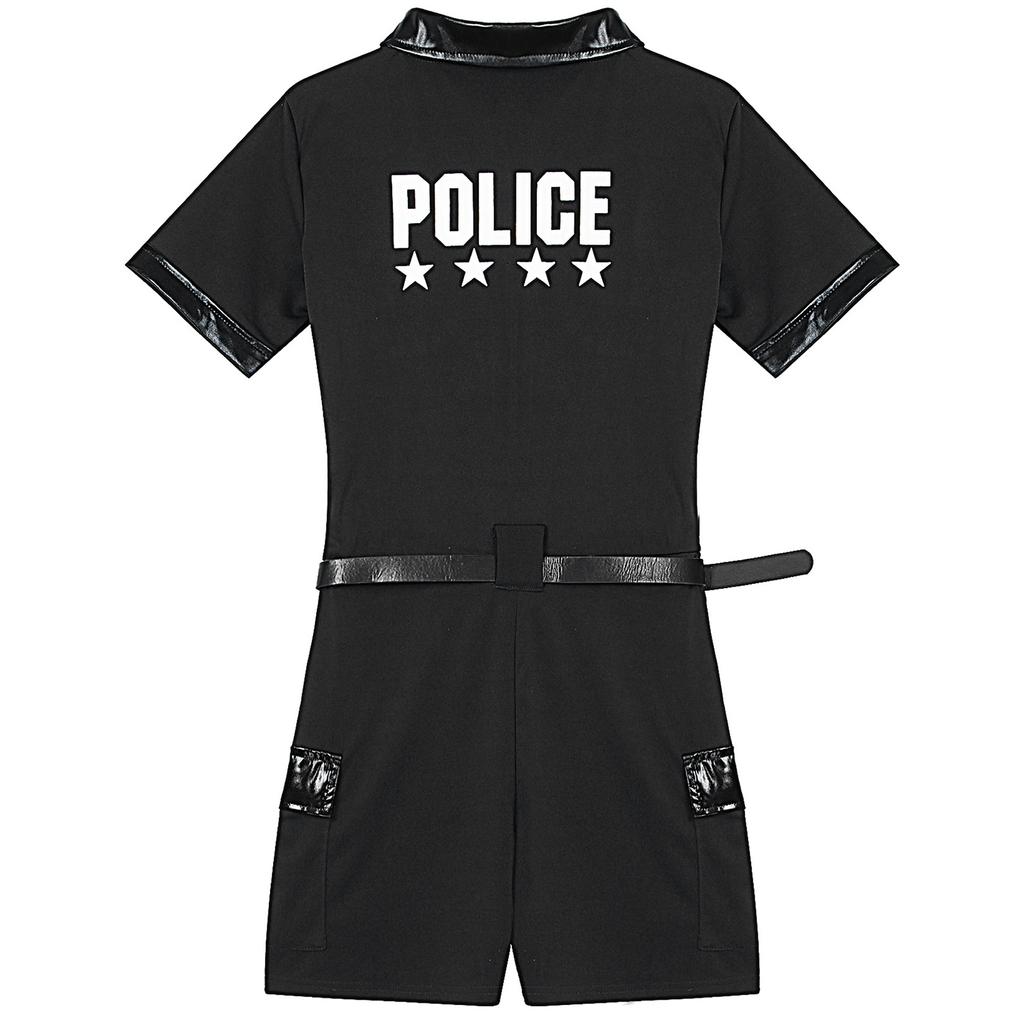 Womens Police Costume Jumpsuit with Front Zipper and Belted Waist for Role Play or Dress Up Parties