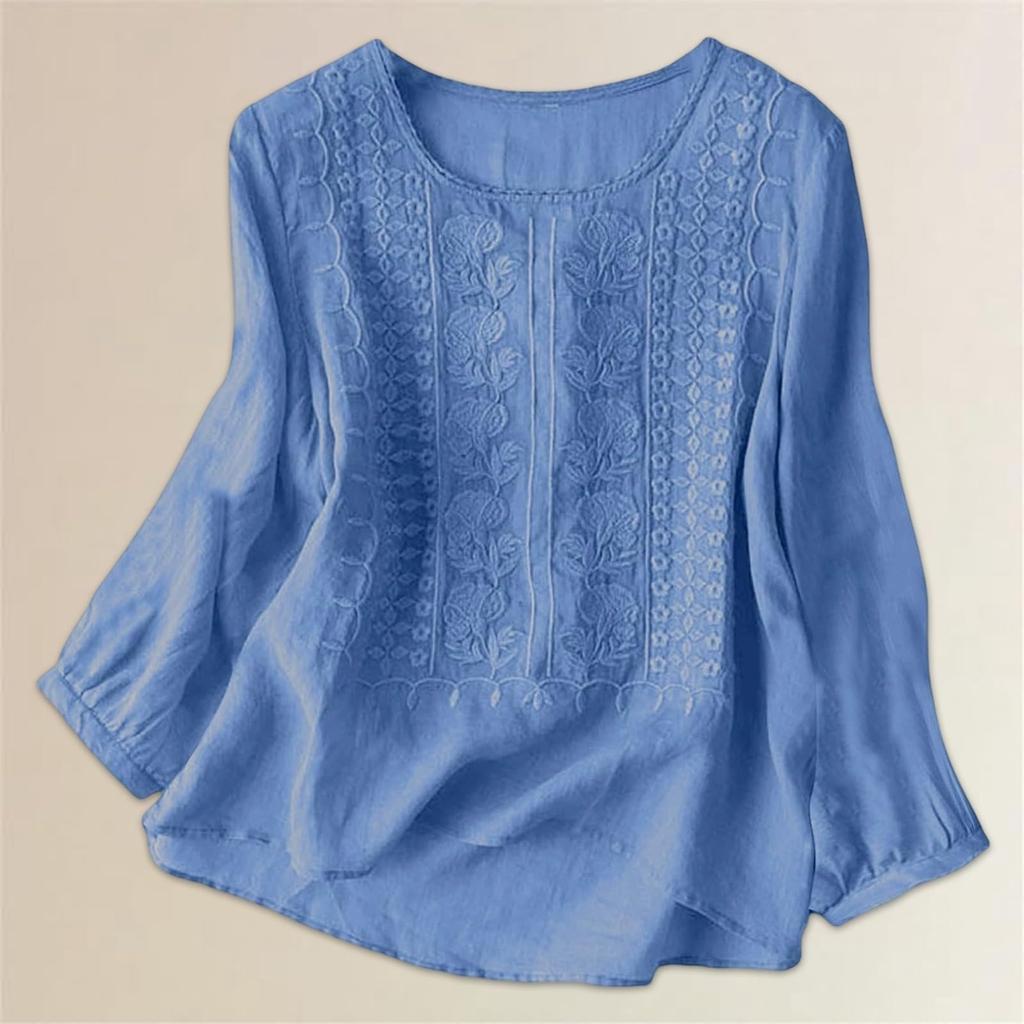 Women's Fashionable Casual Long-Sleeved Cotton-Linen Embroidered Round Neck Top