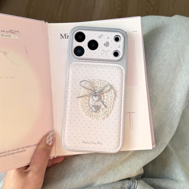 

Korean Polka Dot Lace Bow iPhone 17/16 Pro Max/15 Pro Heart Phone Case iPhone 17 Pro Max
