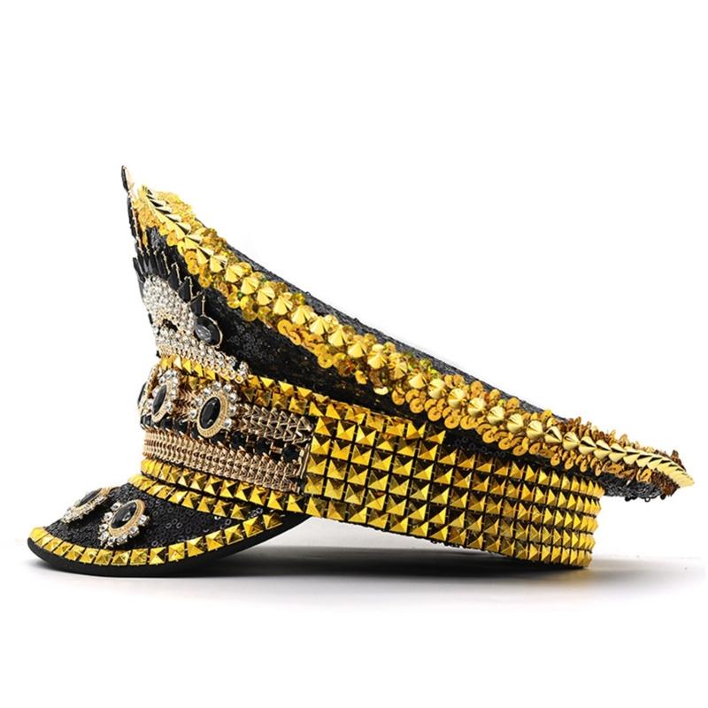 Elegante Cappello da Capitano con Borchie Scintillanti di Strass per Donna Varie Outfit Night Club Addio al Nubilato Copricapo
