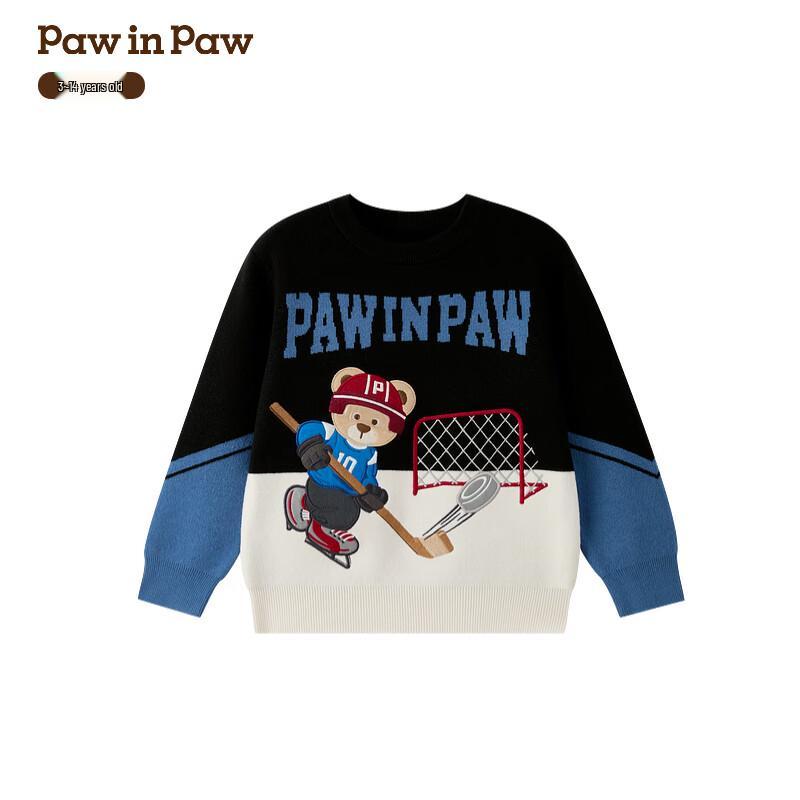PawinPaw Boys' Cartoon Bear Color-block Round Neck Sweater