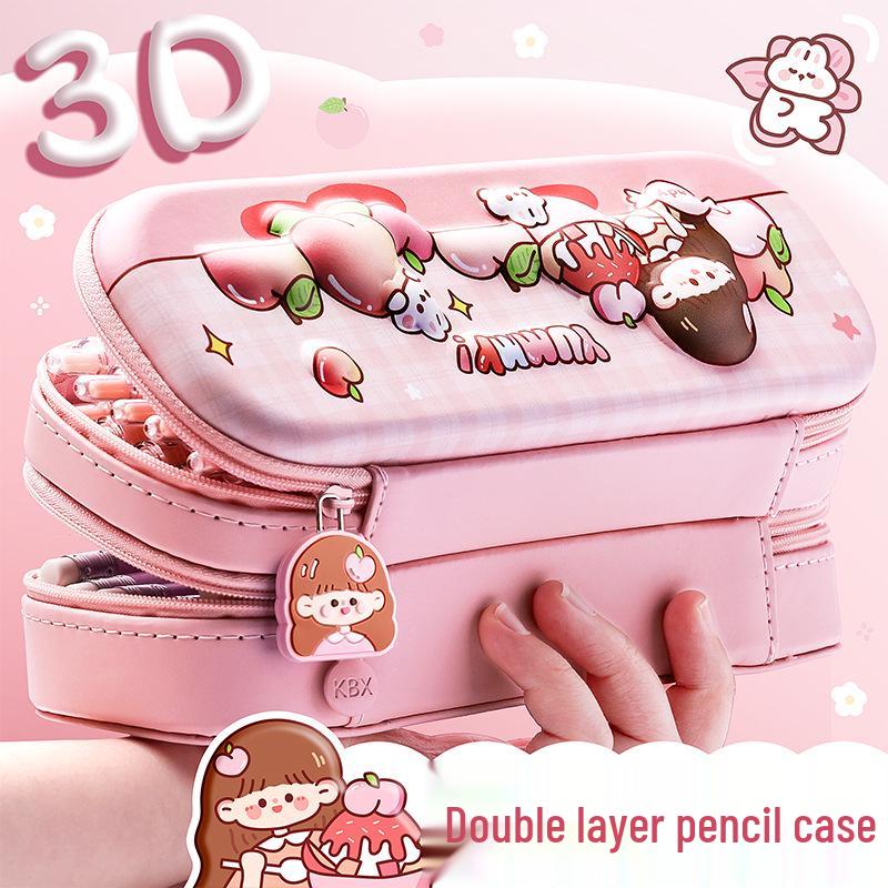 3D Kaba Bear Double-Layer Pencil Case for Boys - Large Capacity, Popular Student Design.