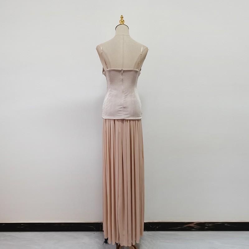 Celebrity Style Banquet Suspender Tube Top Pleated Design Champagne Skirt Dress Set Women